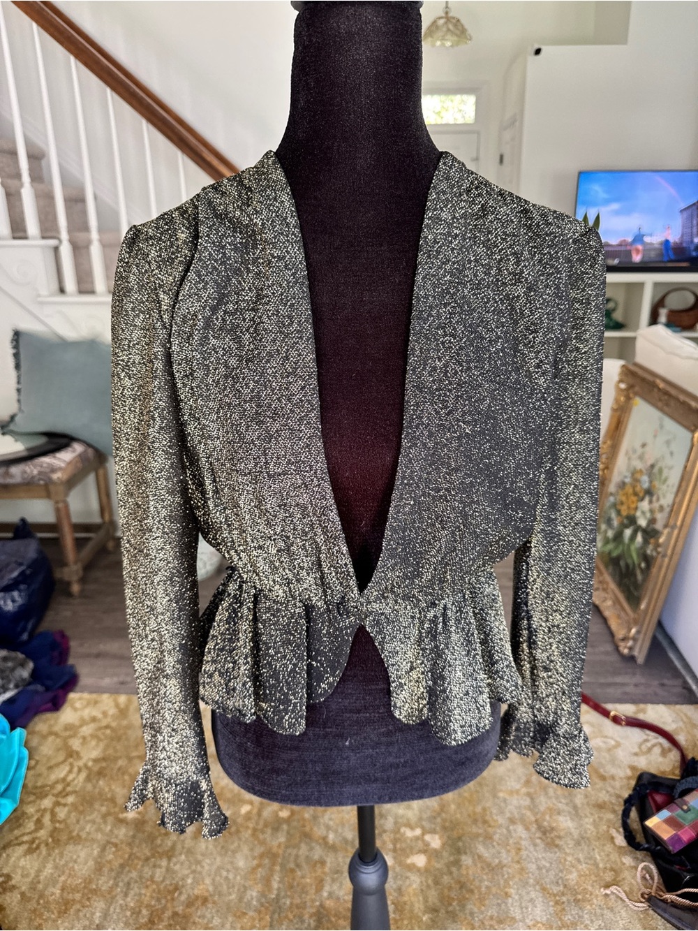 True Vintage 70s MetallicGold and Black Peplum Cardigan - Women